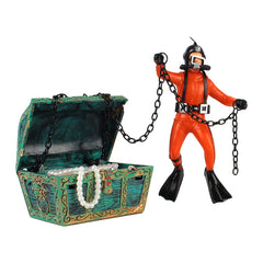 Treasure Chest Diver Aquarium Decoration – Action Figure Fish Tank Ornament in Orange & Black
