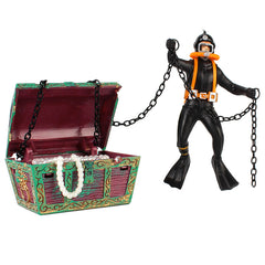 Treasure Chest Diver Aquarium Decoration – Action Figure Fish Tank Ornament in Orange & Black