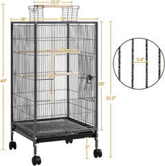 Dimensions of a bird cage with detailed measurements on a white background