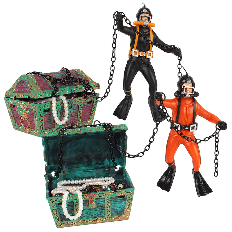 Treasure Chest Diver Aquarium Decoration – Action Figure Fish Tank Ornament in Orange & Black