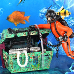 Treasure Chest Diver Aquarium Decoration – Action Figure Fish Tank Ornament in Orange & Black